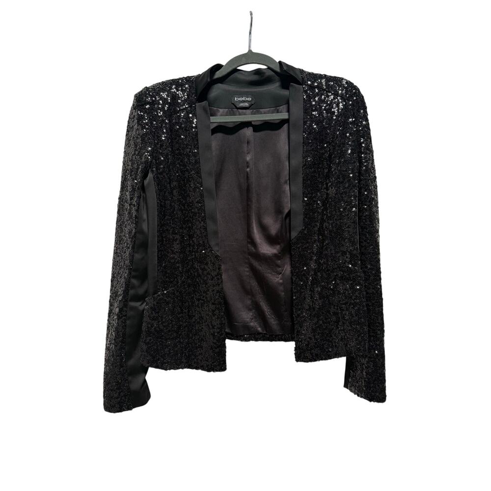 Vintage Y2K Bebe Blazer Women's 4 Sequin Black Pockets Satin Lined Shoulder Pads